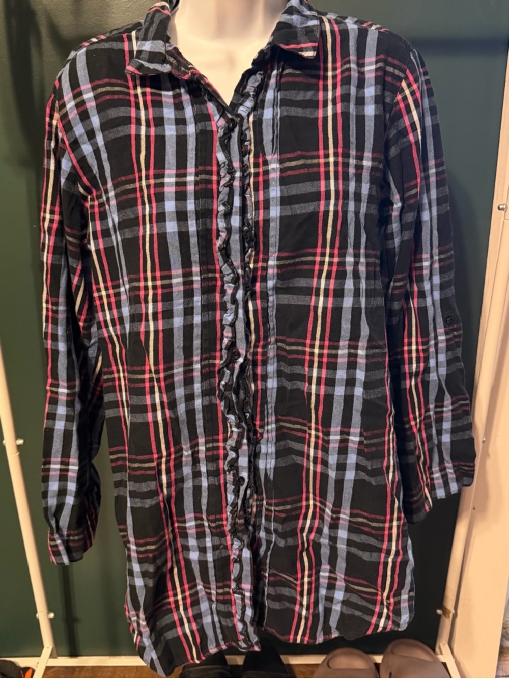 Betsey Johnson Black Plaid Button-Up Sleep Shirt